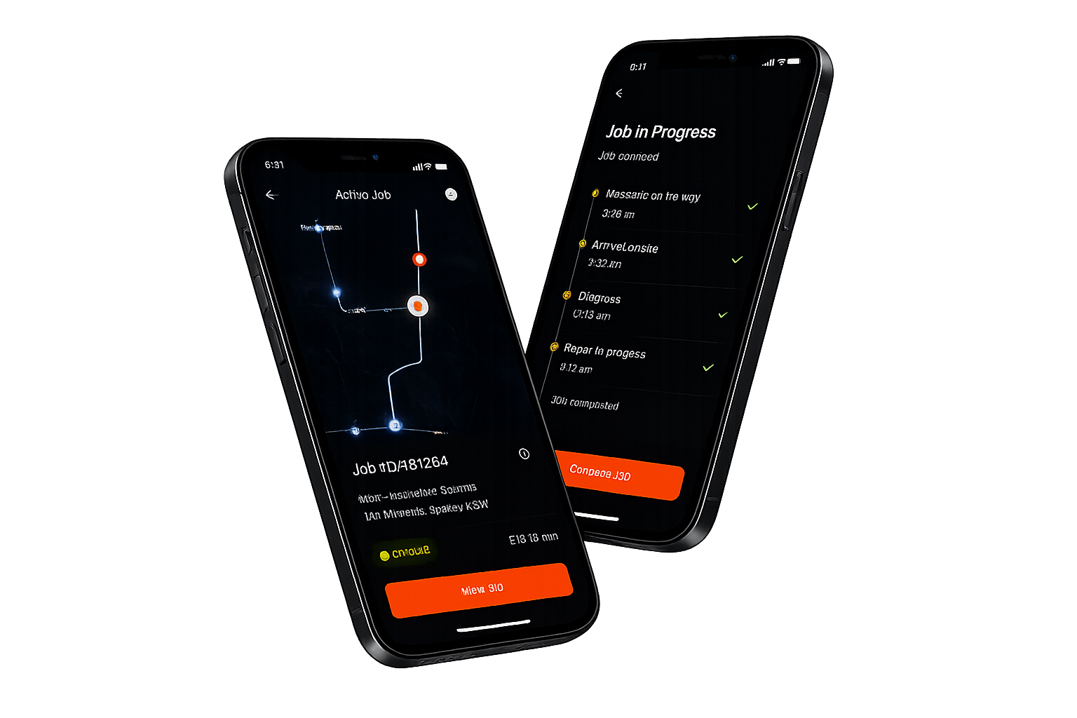 Get Fixxd dispatch app — Active Job map view alongside Job in Progress timeline