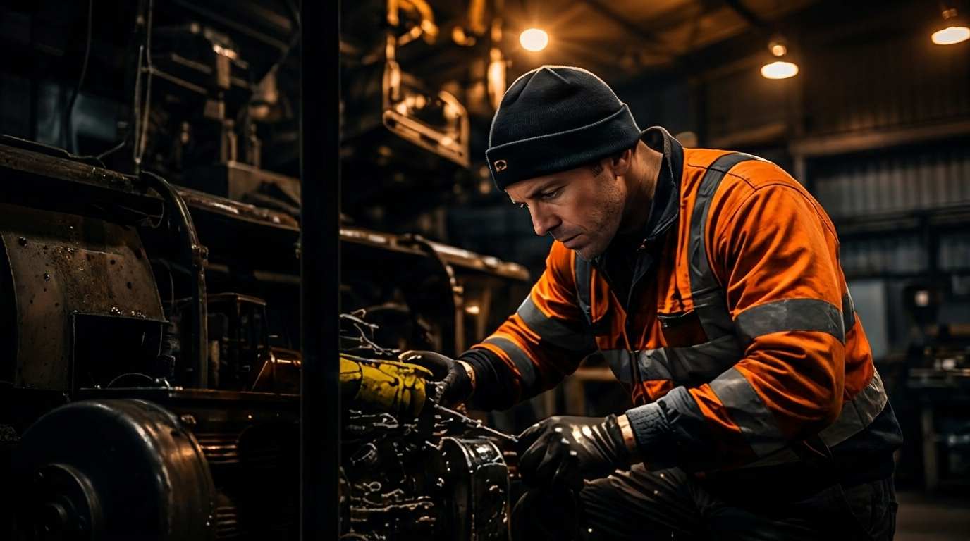 Hi-vis diesel mechanic in orange beanie working on a heavy vehicle engine in a warm workshop